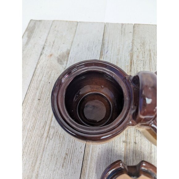 Vintage Dark Brown Glazed Stoneware Double Condiment Pot With Lids Spoons Taiwan - Picture 6 of 12